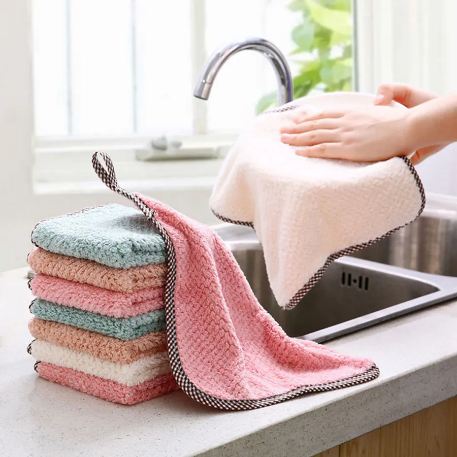 Peach Coral Kitchen Towels Set Of 3 - Oversized 28x18 Inch 100% Cotton Absorbent Ribbed Dish Drying Cloths