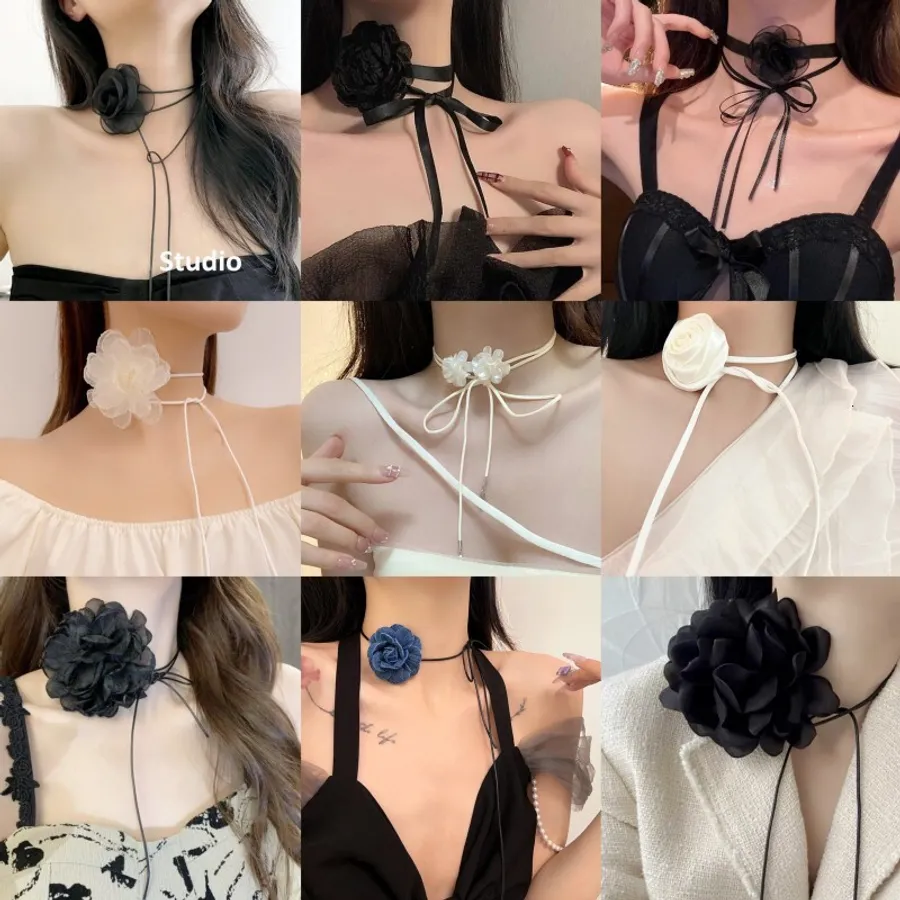 Artificial Flower Choker Necklace - Handmade Rose Bowtie Suede Rope Tassel Necklace