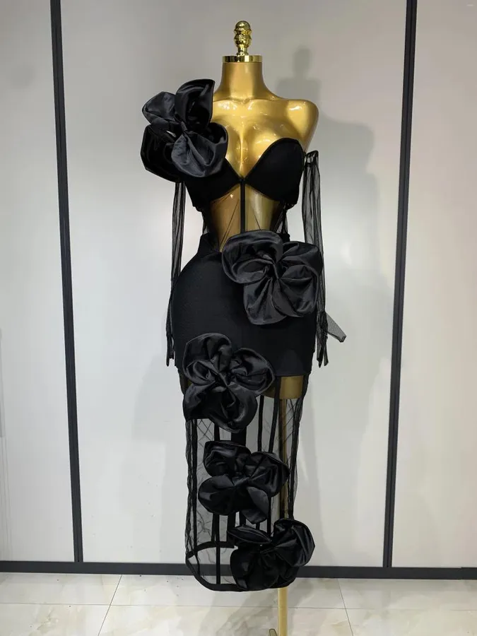Women Sexy One Shoulder Bow Mesh See Through Bandage Bodycon Dress With Gloves Black Sleeveless Elegant Party Birthday Dresses