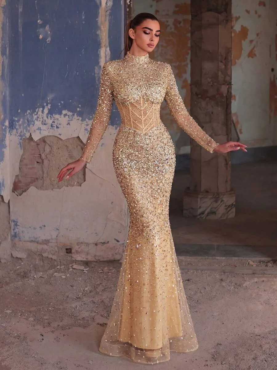 old fashioned high neck dress Vintage Sequin Beaded Mermaid Evening... From Romanticggowns, Rs.23,965.74 color_Eucalyptus