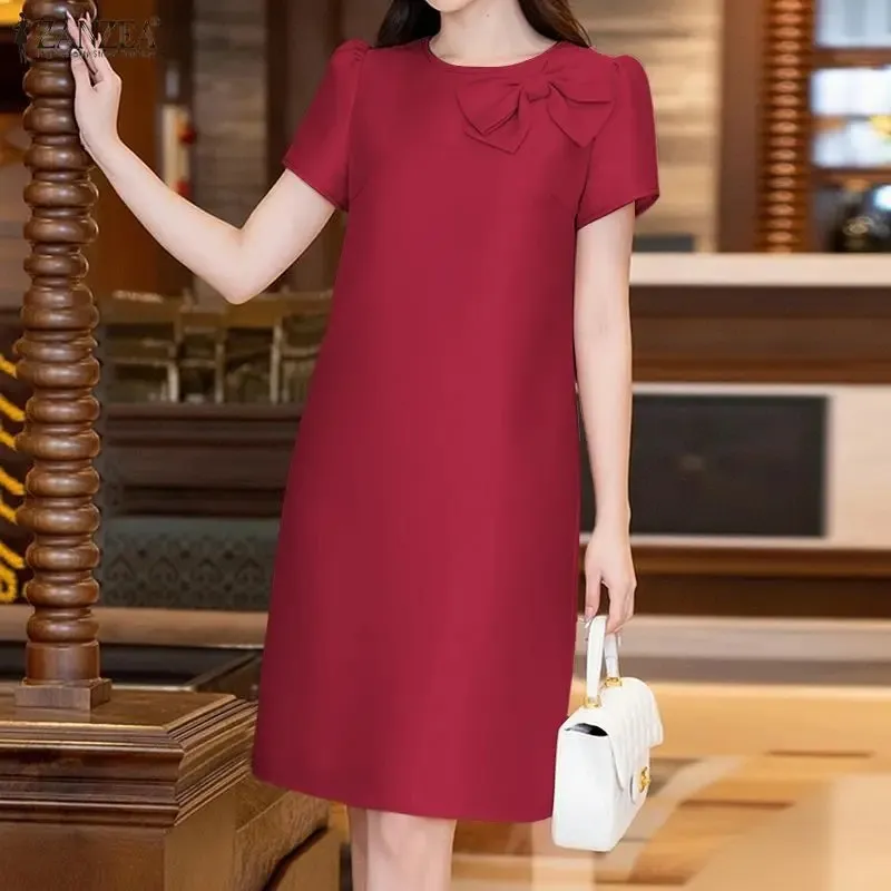 silk tea dress knee length Woman Elegant Satin O-Neck Short Puff Sleeve Bow Detail Solid Color Knee-Length Dresses Summer Size Guide: W125PL1655