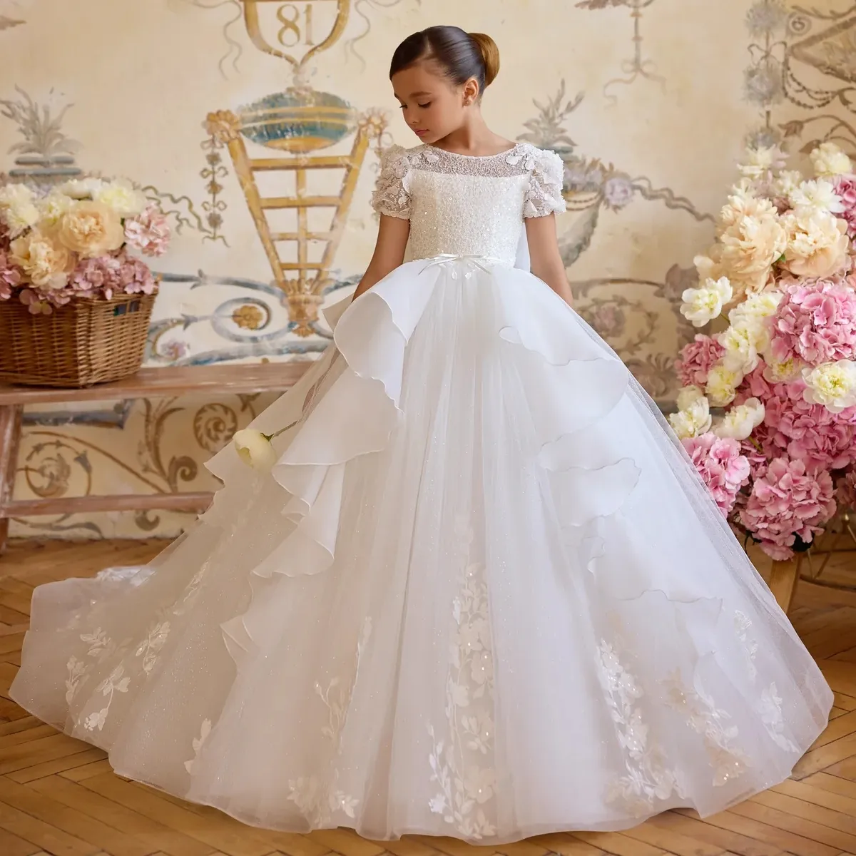 little princess communion dresses One-Shoulder Voluminous Sleeve Princess Flower Girl Communion Dress Celestial 3203 Pre-order 11-12 years / As in the photo Grey