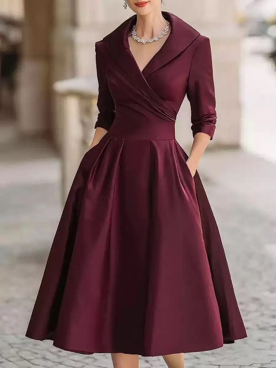 women's a line formal dress Women's Cotton Blend A Line Dress, Empire Waist, V Neck, 3/4 Sleeve, Mid  Calf Length