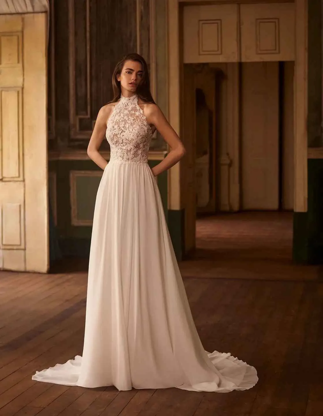 sachin and babi light blue dress A Line Halter Neck Backless Lace Wedding Dresses, Backless Lace Prom D –  Shiny Party main image 0