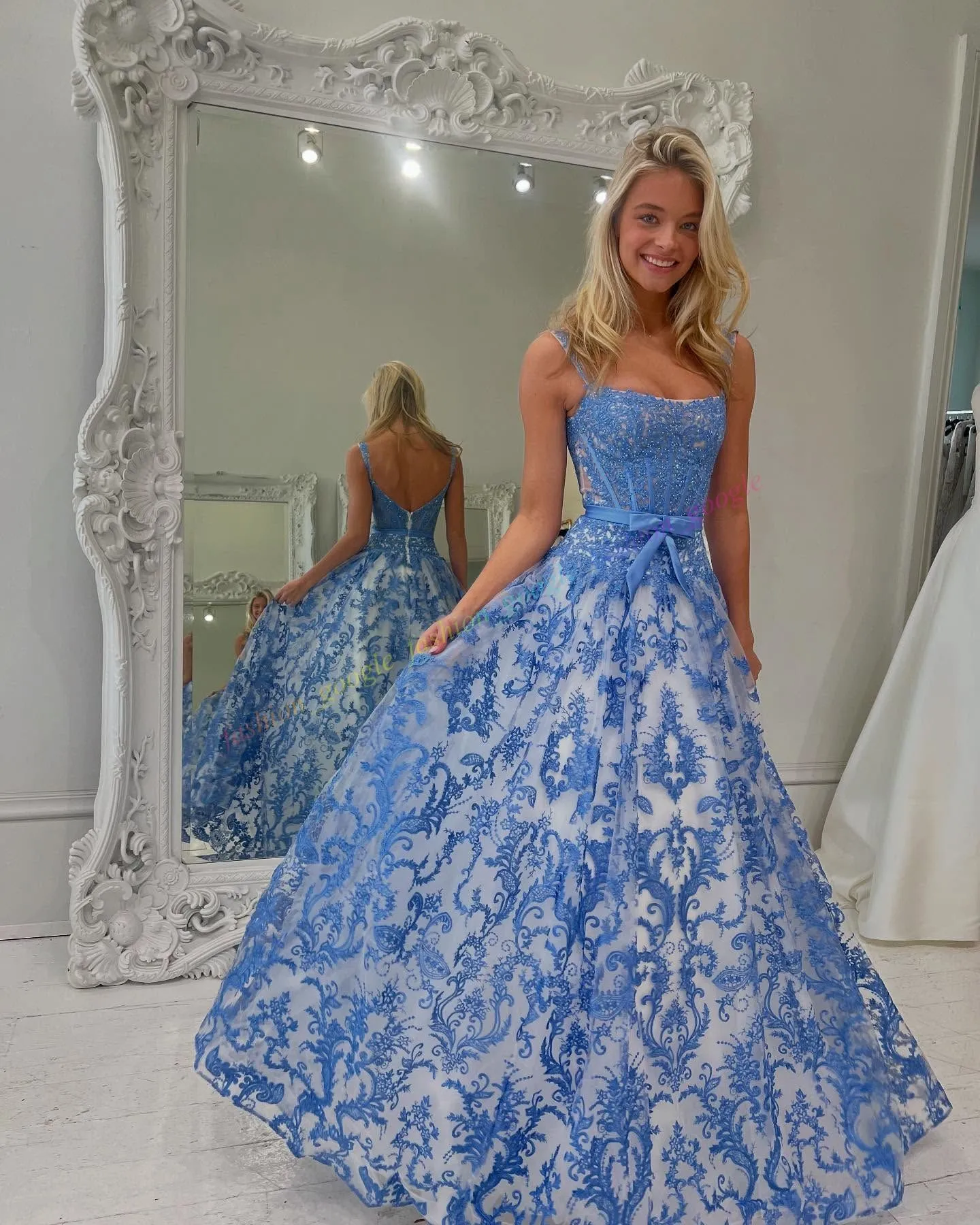 Ivory Blue Floral Embroidered Lace Damask Blue ballgown wedding dress for Prom, Pageant, Winter Formal Events, Gala, Hoco, Black Tie, Sweet 16 Guests