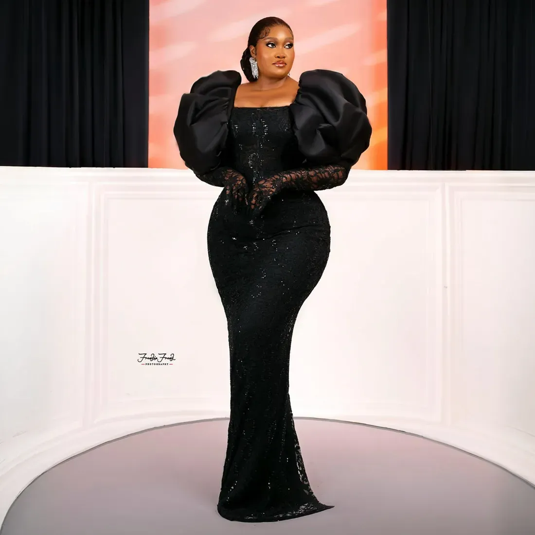 black puffy dress long Modern Black Glitter Ruffled Puffy Long Prom Dress