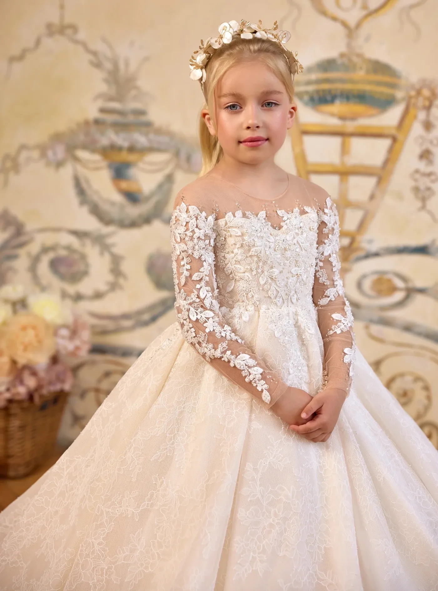 long sleeve lace first communion dresses Celestial Lace First Communion Dress