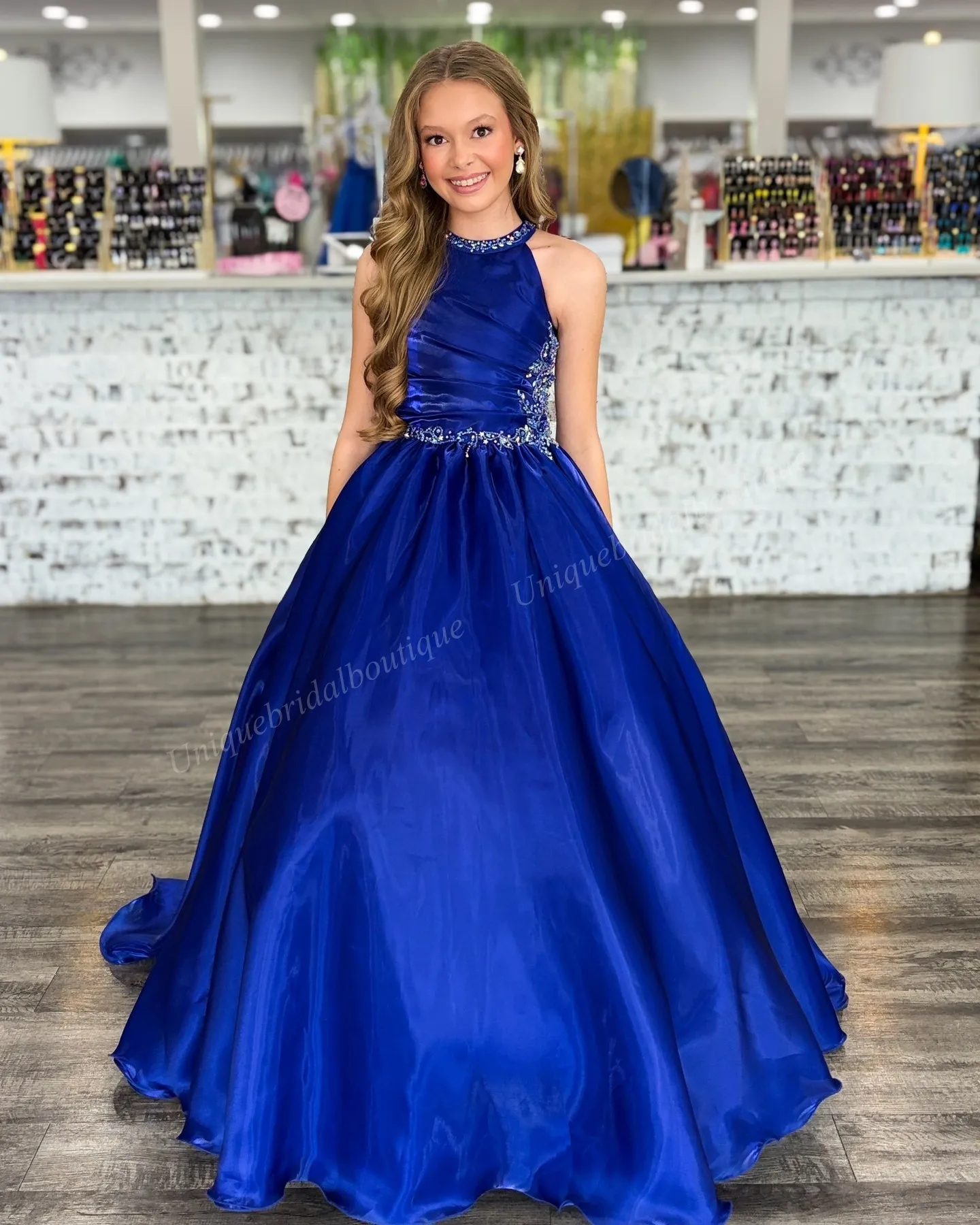 Ice Blue Halter strappy back satin ballgown for Little Girls - Shimmer Mirror Organza, Perfect for Pageants, Birthdays, Formal Parties, Weddings, and