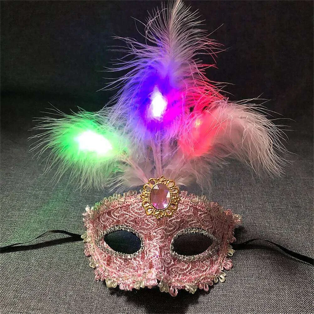 女性 LED ピーコック フェザー マスカレード マスク ハーフフェイス