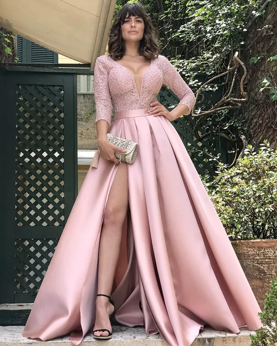 Pink Satin V-Neck 3/4 Sleeve Mermaid Sweep Train Formal Dress with Beaded  Embellishments WH1064 from Dhgate Evening Dresses - price 57.28