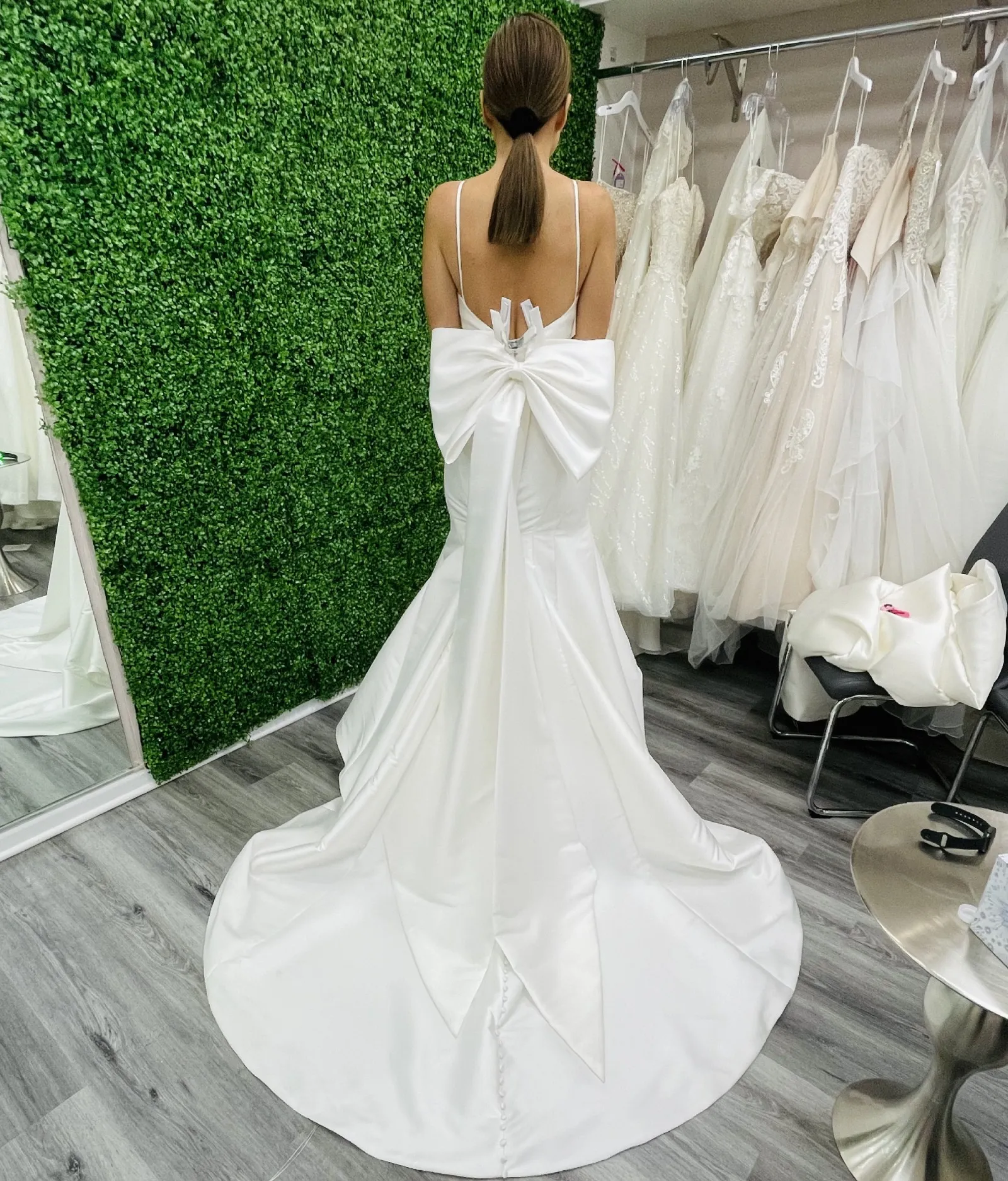 2026 Satin Mermaid Wedding White Evening Gowns with Big Bow, Chapel Train, and Garden Castle Inspired Design - Ivory and White Bridal Dress with