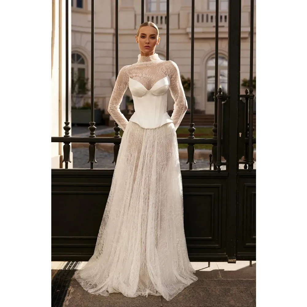 tight bride dress EVITA  A & M Enterprises Bridal flare silhouette V Neck Tight Long Sleeve