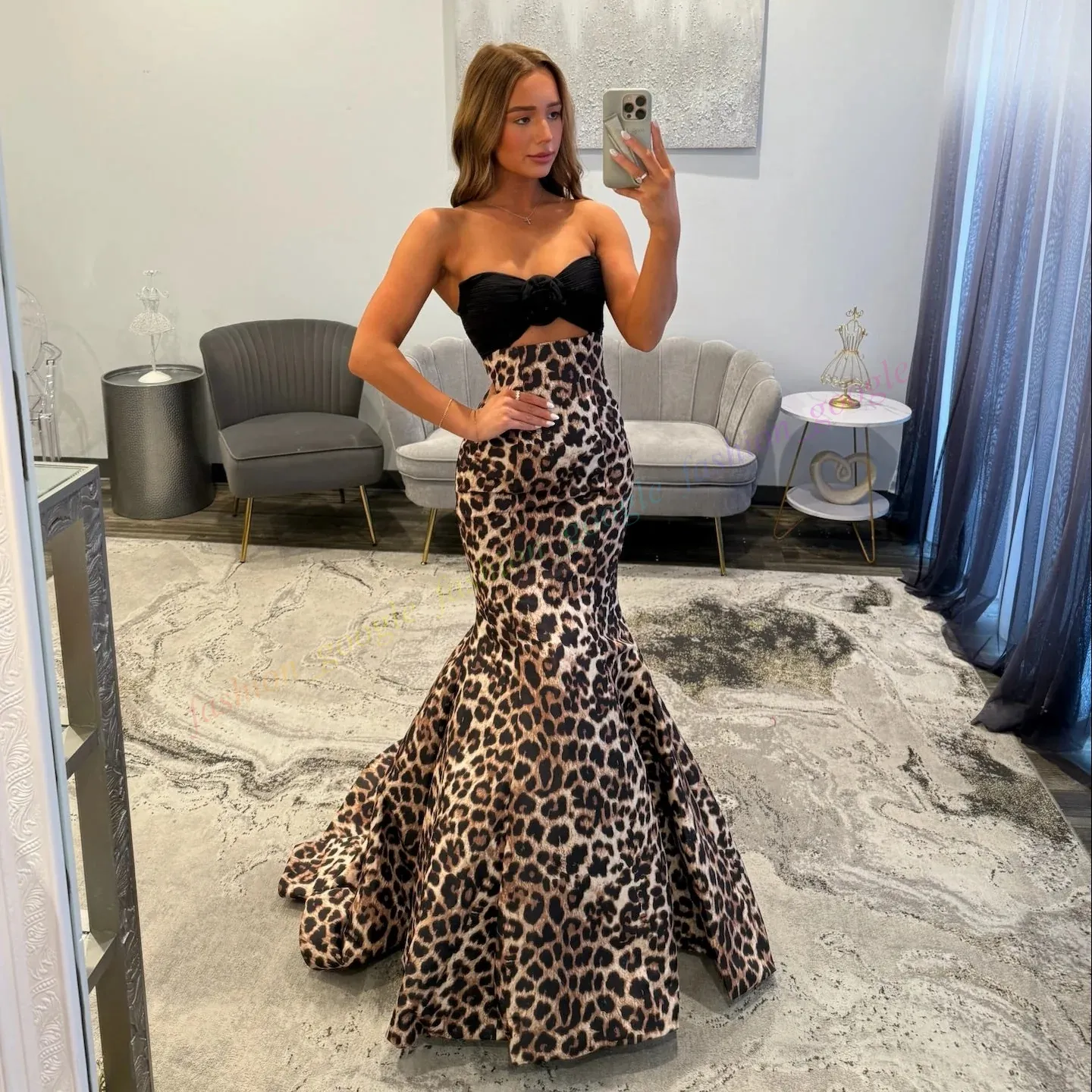 strapless open back dress Red Leopard Maxi Dress  KETA GUTMANE