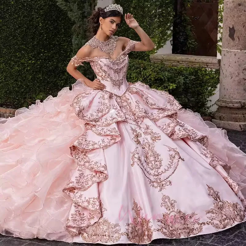 pink sweet 16 court dresses Pink tulle lace long prom dress sweet 16 dress