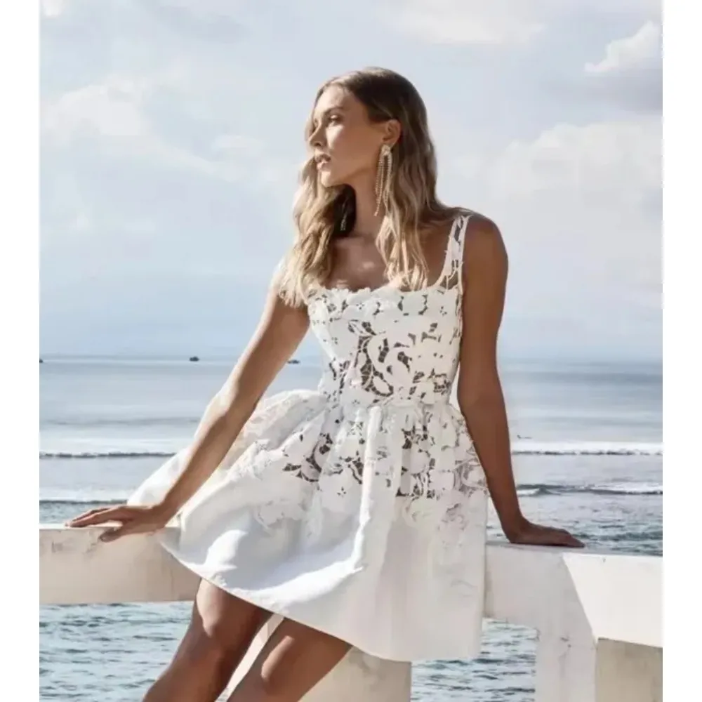 Lace Little White Dress For Bride With Spaghetti Straps Sleeveless Mini Style Bride Reception Ball Gown Boho Beach Short Wedding Dance Dress Modern Lace Little White Dress For Bride With Spaghetti Straps Sleeveless Mini Style Bride Reception Ball Gown Boho Beach Short Wedding Dance Dress Modern