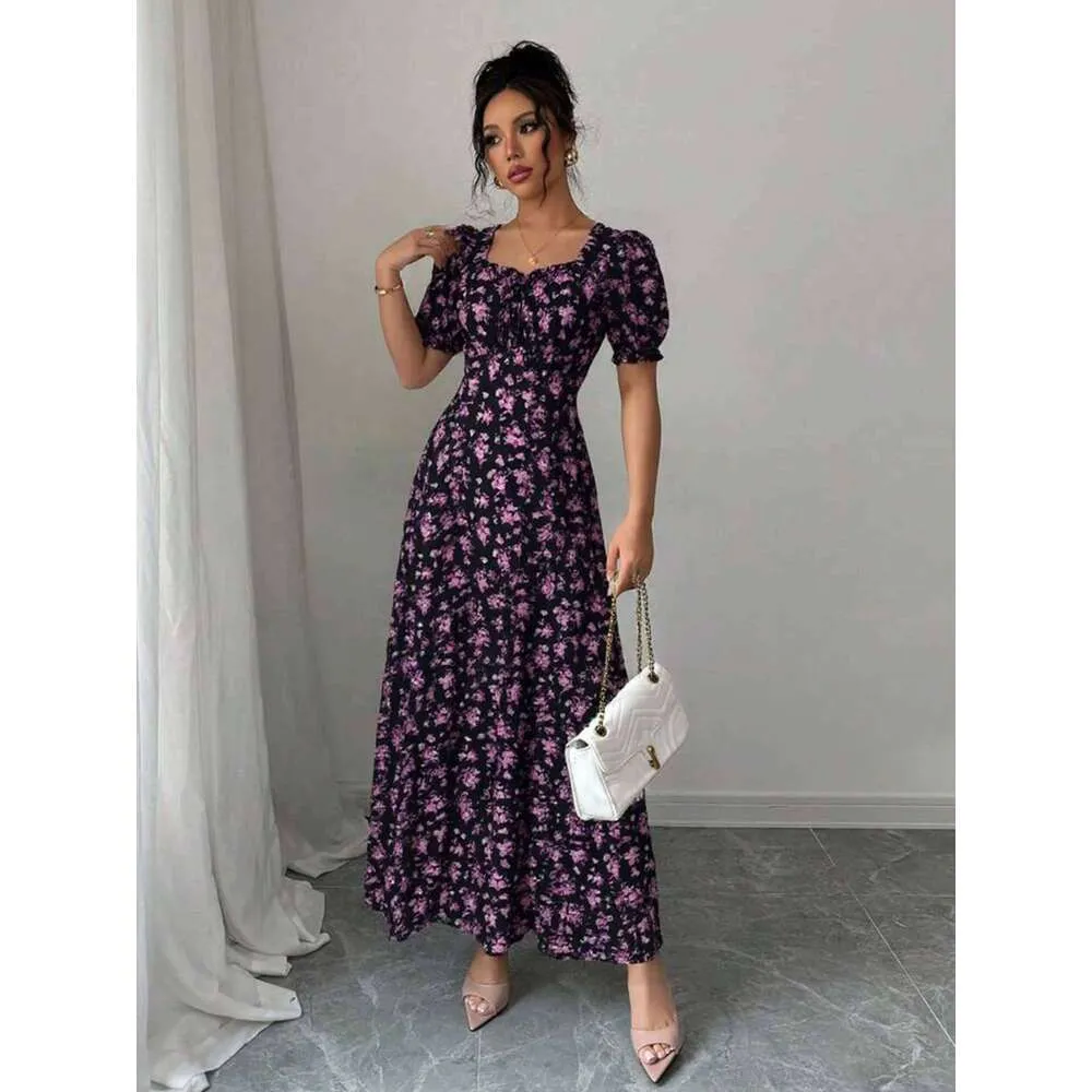 Puff Sleeve Maxi Dress Women Ankle-Length Black Floral Polyester Casual from Dhgate Basic & Casual Dresses