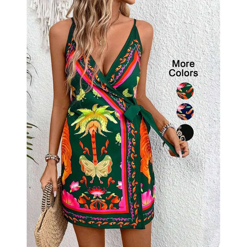 Womens Tropical Print V Neck Dress, Thin Strap Tie Back Design, Perfect For  Vacation, Elegant Summer Fashion From 17,84  | DHgate