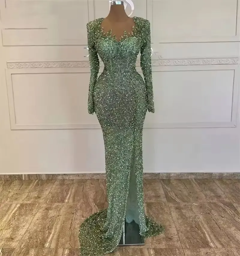 sage green mermaid dress Elegant Sage Green Mermaid Prom Dresses with Slit Spaghetti Straps SH2 –  SHEER FAIRY main image 1