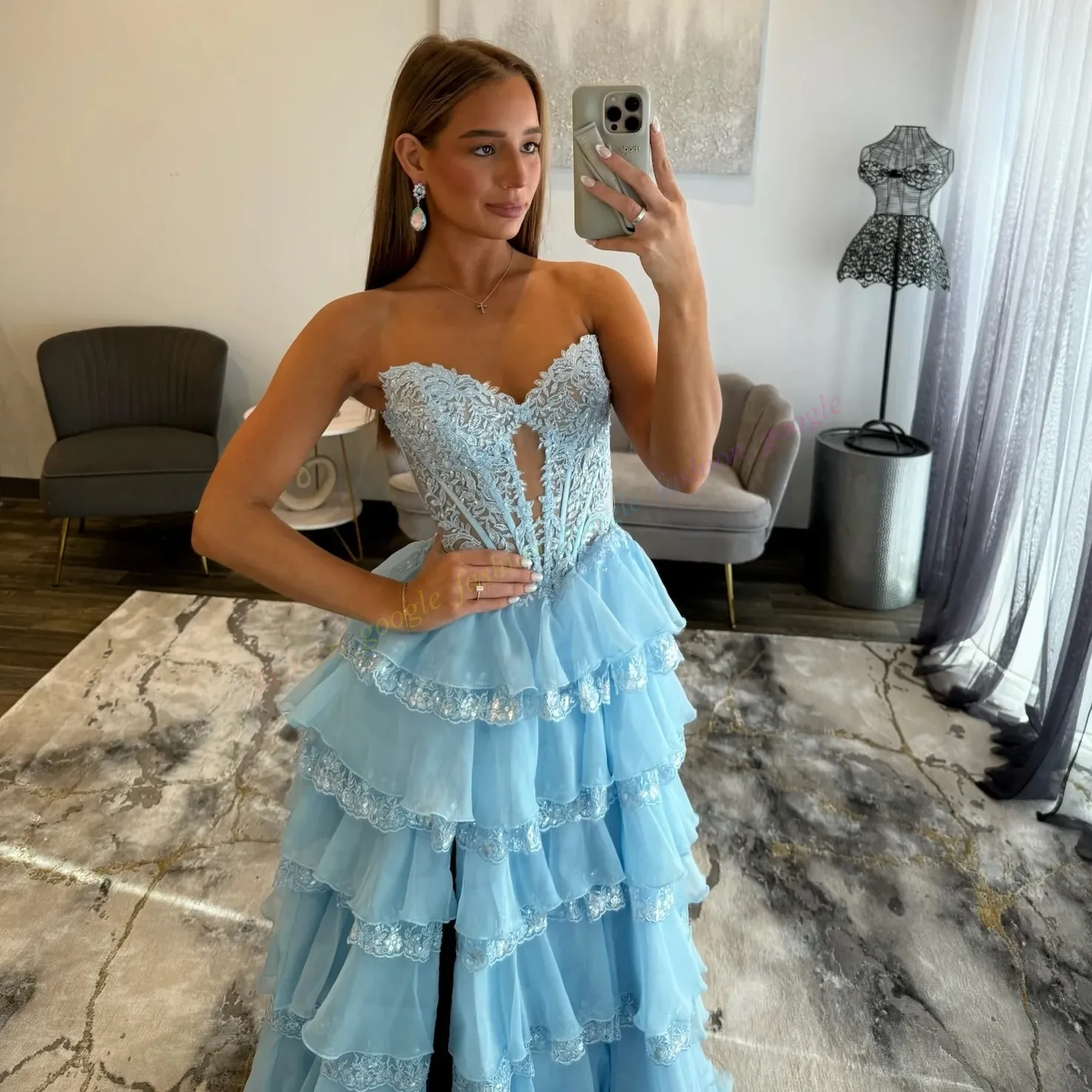 Light Blue Prom Dress Ruffle High Slit IT Girl... From 105,08 €