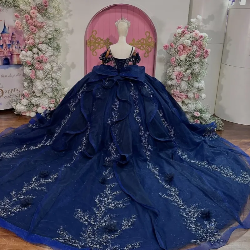 navy princess dress Royal Navy Blue Victorian Style Princess Dress Embroidery Lace Puff Sleeves Renaissance Ball Gown for Girls