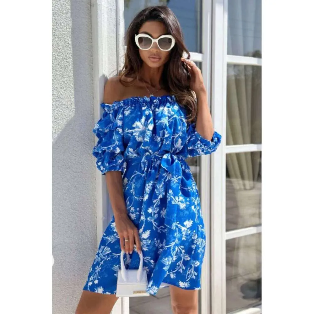 off shoulder floral dress knee length Women Off Shoulder Dress Floral Puff Sleeve Knee-Length A-Line Square-Neck Dresses Red L (Summer Dresses for Women 2061)