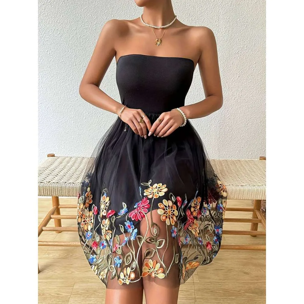 mesh knee length dress Strapless Floral Embroidered Knee-Length for Women Summer Vintage Party from Dhgate Basic & Casual Dresses styleattribute-prairie styles