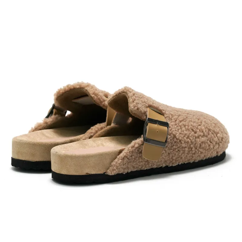 Camel Teddy Fleece Clogs For Winter Warmth With Adjustable Buckle_voghion.com