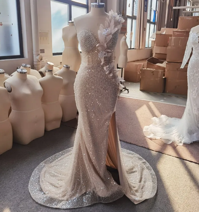 mesh dress mermaid beaded Silver Crystal Beaded Mermaid Prom Dress Off Shoulder Sweetheart 3D Floral  Rhinestone Sheer Mesh Luxury Evening Gown with Cathedral Train