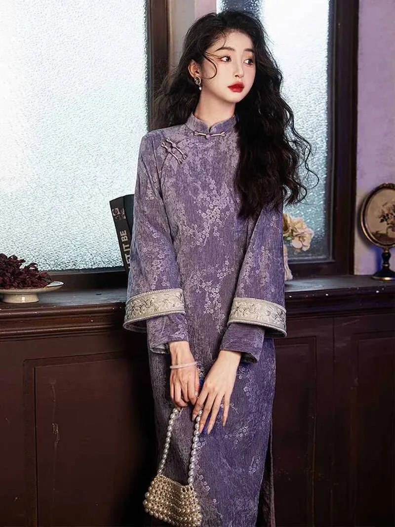 purple qipao dress New Luxurious Purple Satin Phoenix Chinese Long Dress Cheongsam Qipao  lcdress56