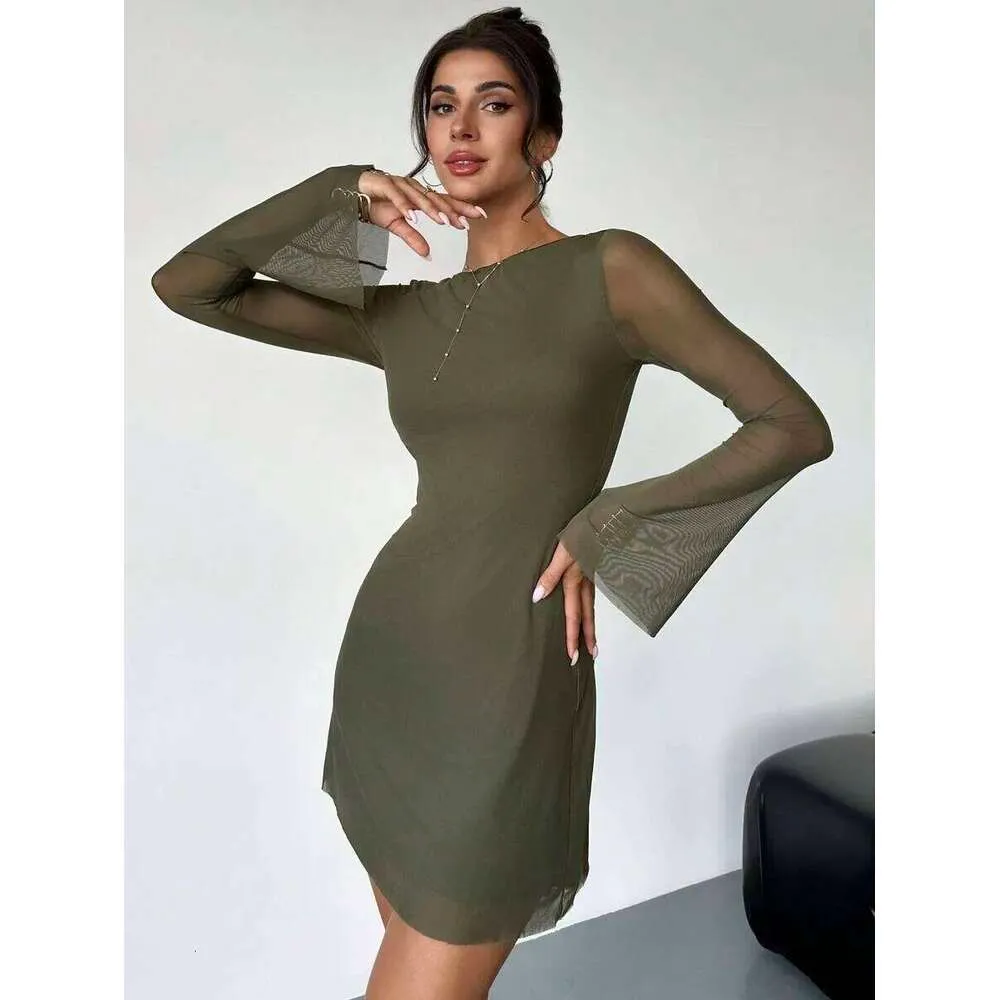 olive green bodycon mini dress With Flare Sleeves And Boat Neck, Polyester, Spring Season from Dhgate Urban Sexy Dresses norestock_badge