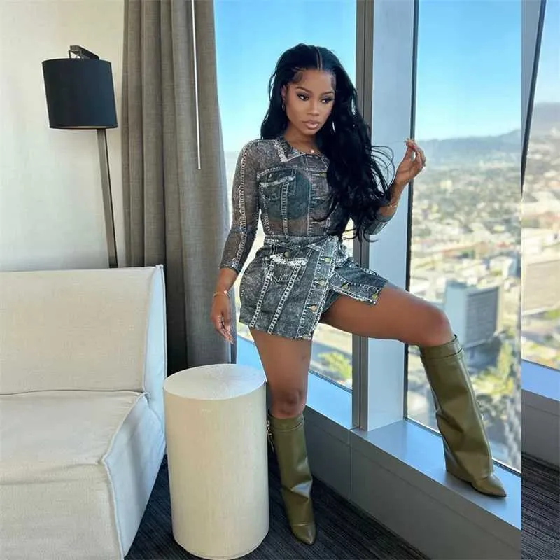 Mesh Sheer Fake Denim Print Dress Set, Women's 2-Piece Y2K Outfit with Bodysuit Top and Mini Skirt, Matching Fashion Ensemble