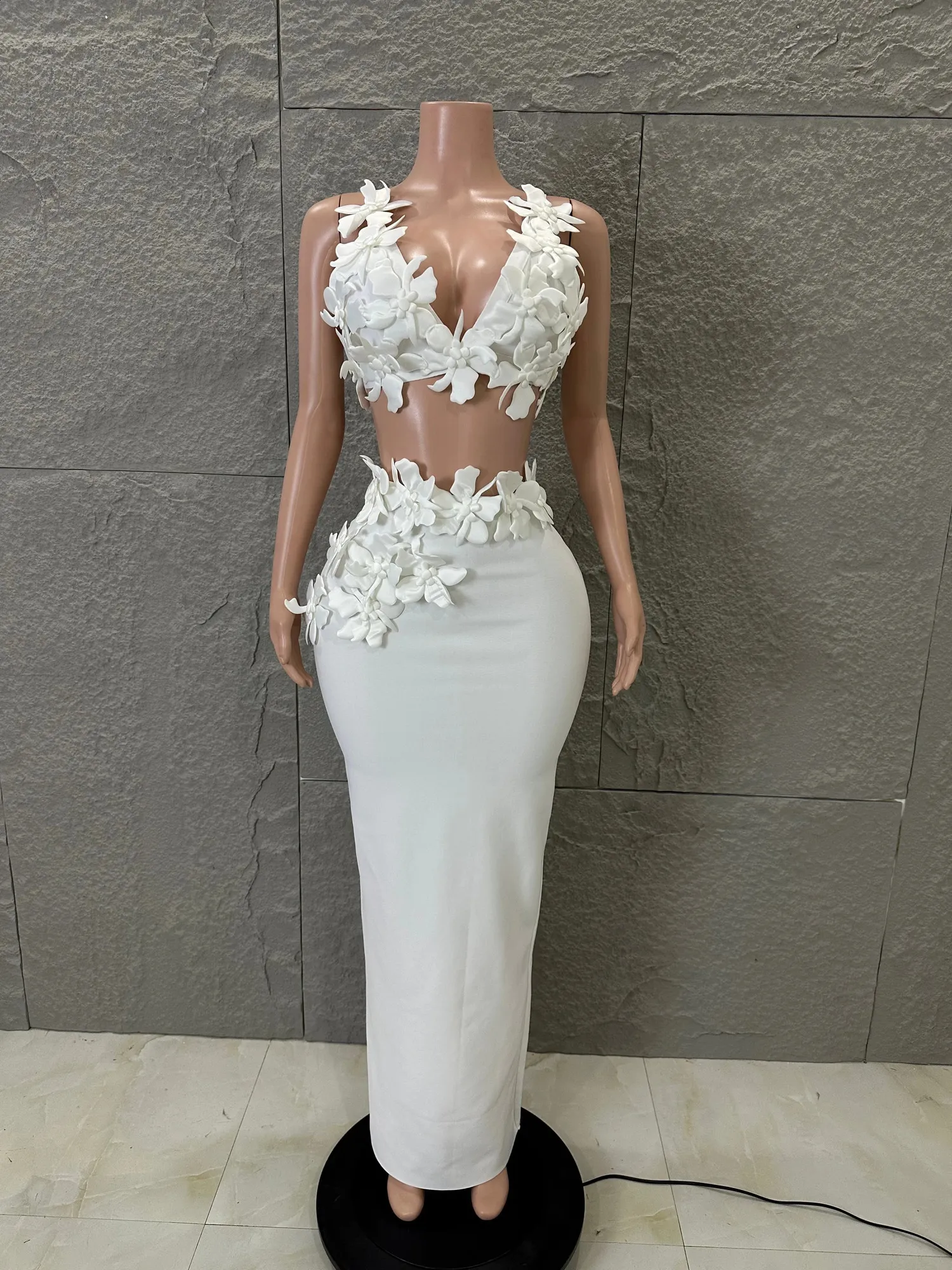 White Floral Applique Two Piece Maxi Outfit For Women... From Dao01, Rs.5,152.5
