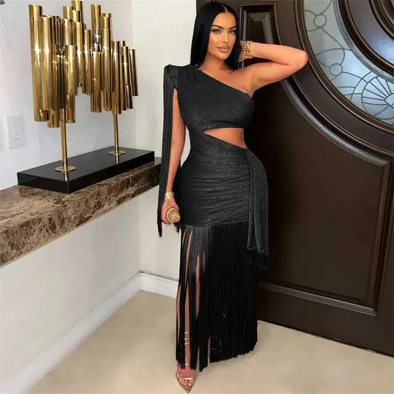ribbon bodycon dress One Shoulder Tassel Maxi for Women, Elegant Cut-Out Evening Party Dress, Nightclub Prom Dress, Birthday Celebration Robe 96% polyester