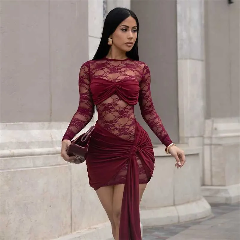 See-Through Floral Lace Bodycon Mini Dress for Women, Long Sleeve, Drawstring Ruched Patchwork, Night Out Club Party