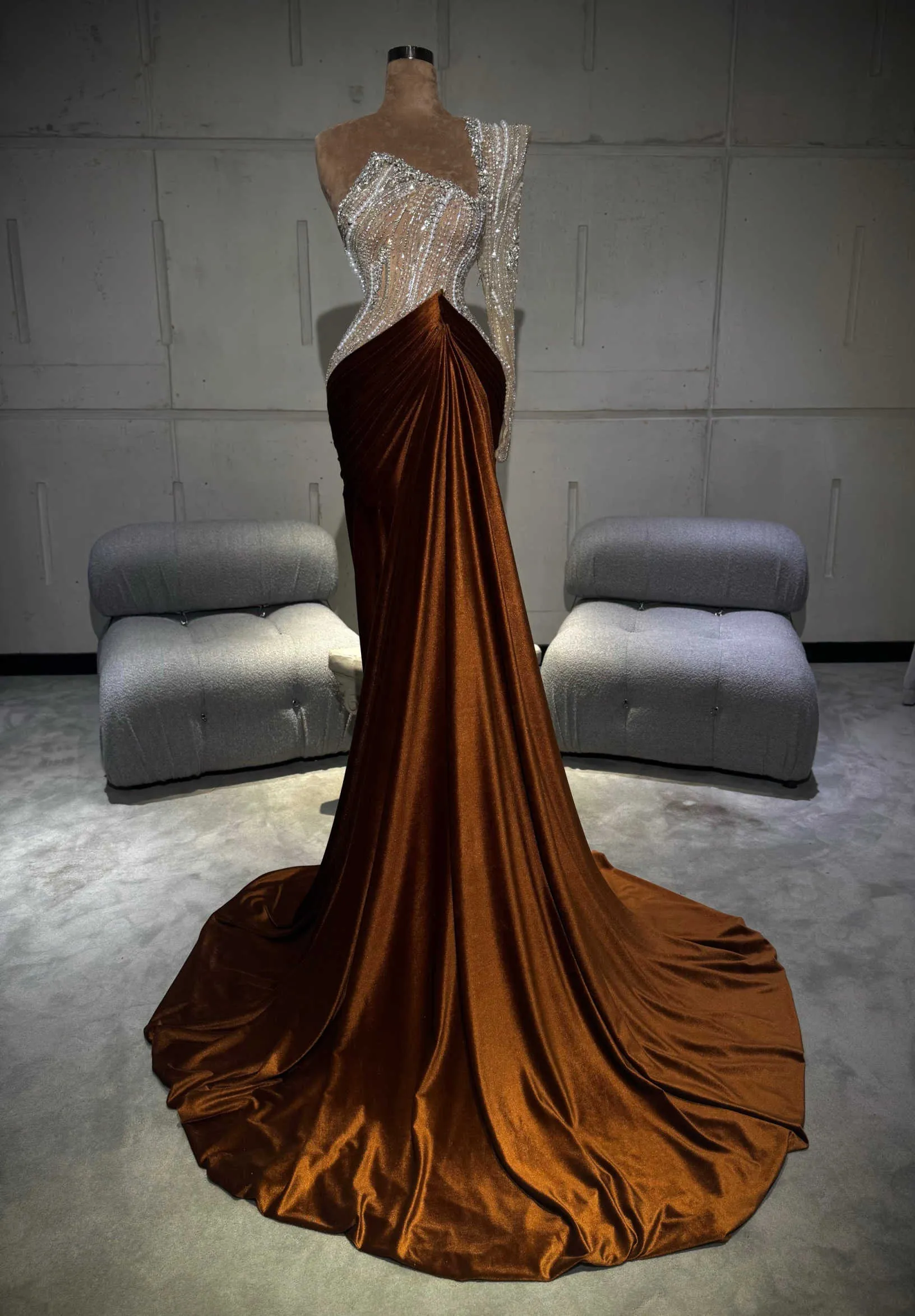 brown velvet prom dress Evening with Diamond Beads, Long Sleeve Party Gown, Customized and Occasion Dress Soft velvet with sheer US SIZE:18W The slip dress: true prohibition clothing