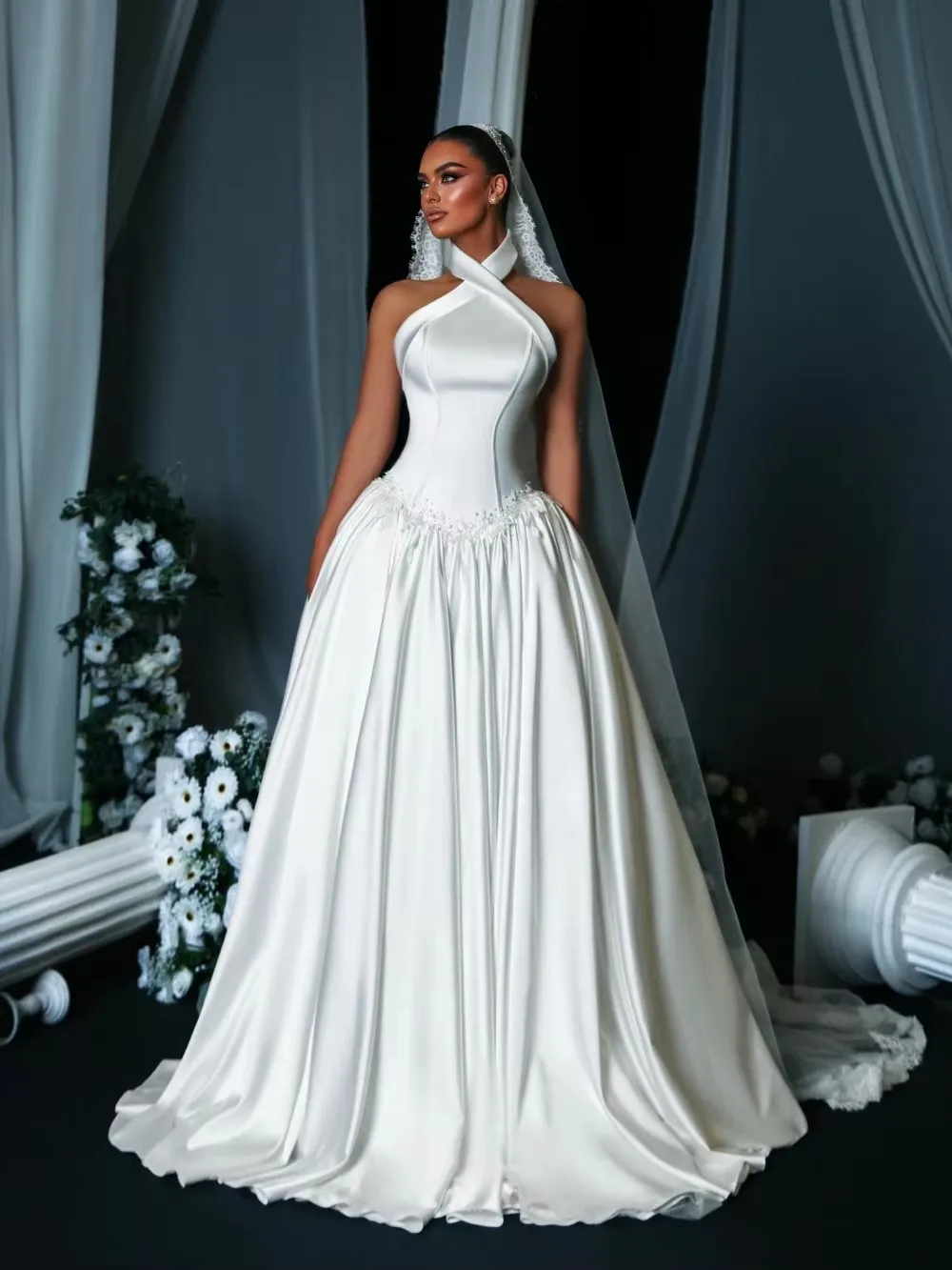 plus size wedding dresses halter style Simple A Line Satin Dress, Sleeveless... From Romanticggowns, Rs.15,358.33 womens-guayabera