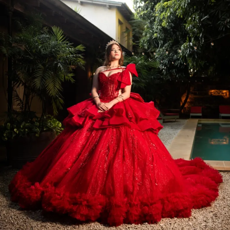 red dresses for 15th birthday party Princess Quinceanera Dress Ball Gown, White Glitter Crystal Decal, Tulle Lace Ruffles, Bow Accent, Lace-Up Back, Sweet 16 and Asymmetric silk satin gown