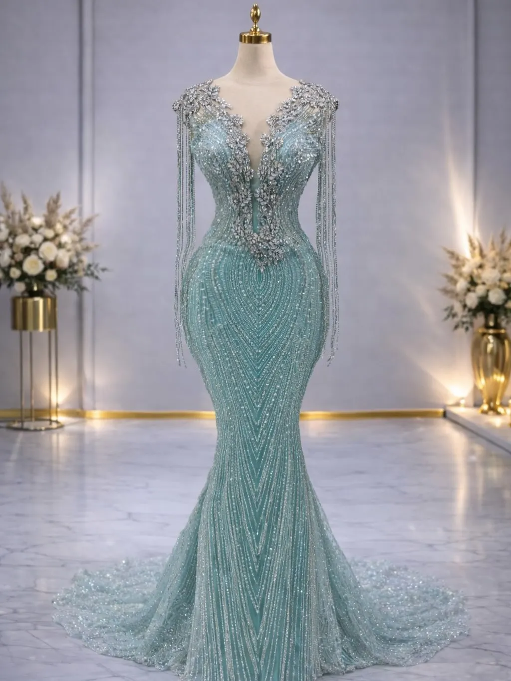 Plus Size Aqua Blue Mermaid Prom Dress V Neck... From Dreamcode, Rs.23,241.88