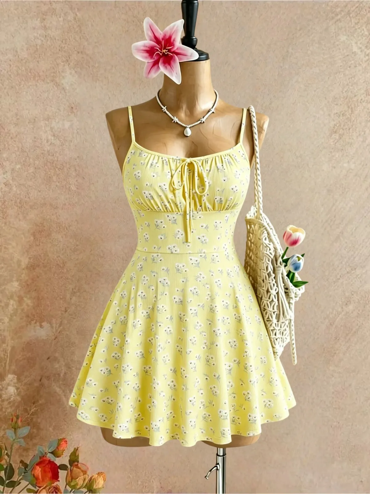 Yellow Floral Ribbed Mini Pale Yellow Skater Dress... From Zhi04, Rs.1,075.31