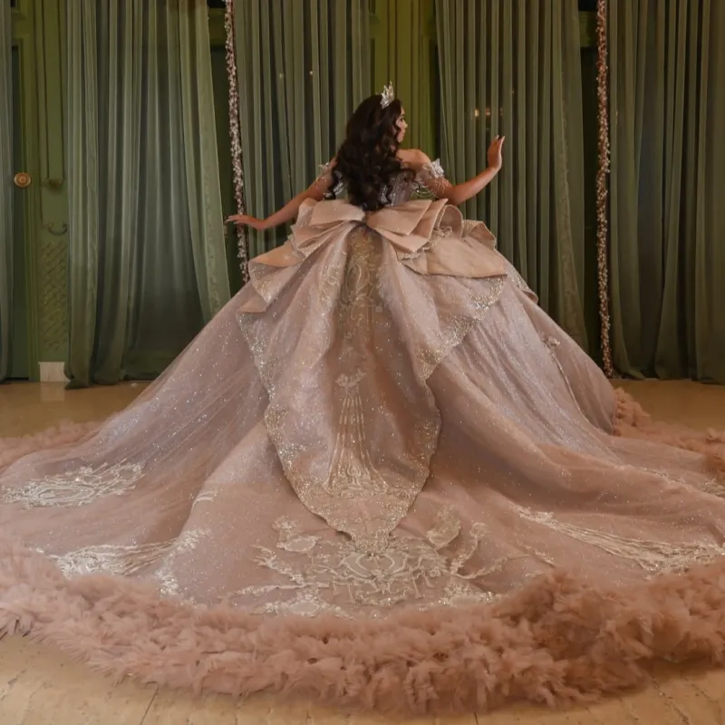 brown sweet 16 dresses Light Quinceanera Off Shoulder Ball Gown Dress Applique Lace Beading Crystal Bow Tiered Tull Party Birthday Vestidos 15 De anos Size:52 - 47 WAIST The GL3578 Quinceañera Ball GIFT30 Deep V Neck High