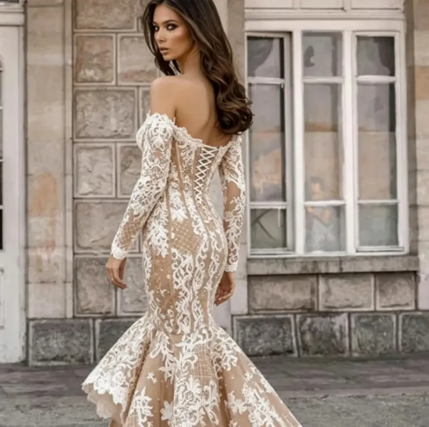 Vintage Ivory Nude Lace Mermaid Asymmetrical Wedding... From Verycute, Rs.6,410.4