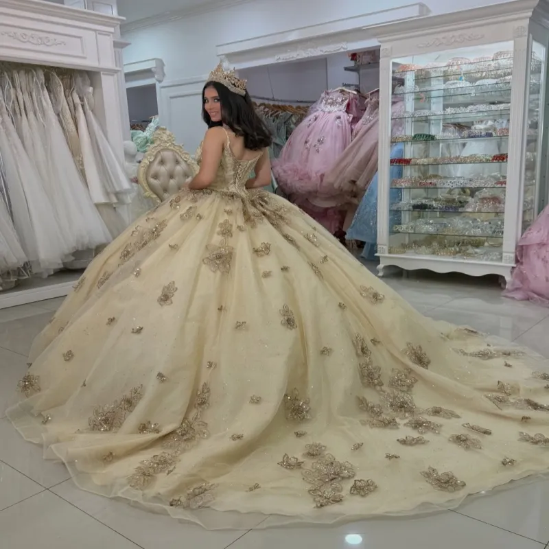 gold glitter quinceanera dress Off Shoulder Champagne Ball Ball... From Leiel123, Rs.29,517.44 Two Piece Prom Dresses