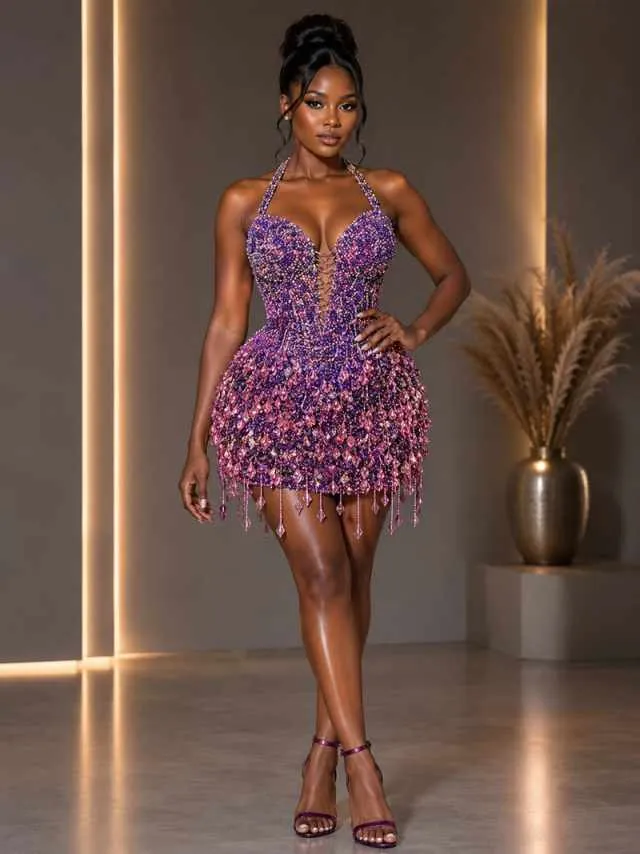 halter backless prom dress Customizable Sequined Mermaid Purple... From Manweisi, Rs.19,421.49 Premium Bachelorette Party Dress FP-collections Long halter 24/7 Online Service. Color:Platinum