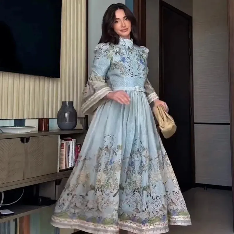 Conservative Style Blue Floral Print Chiffon Maxi... From Yyydhg202588888, Rs.11,417.48