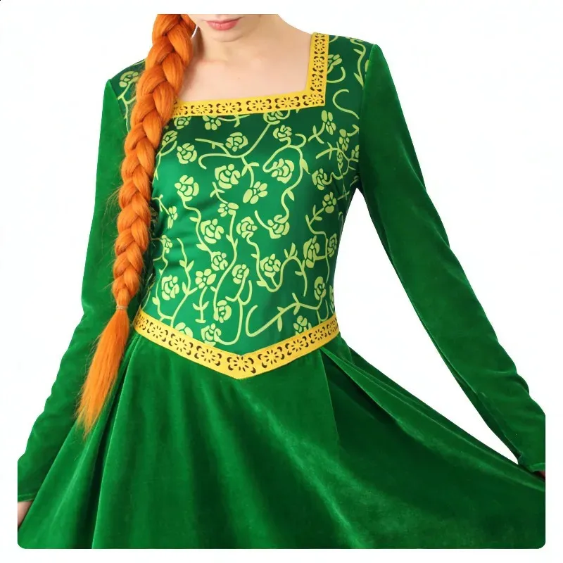 shrek green dress Cosplay Costume Anime Fiona Princess Wig Woman Long Sleeves Dress Halloween Cosplay Halloween Carnival Clothe 260824 style: IFW8012