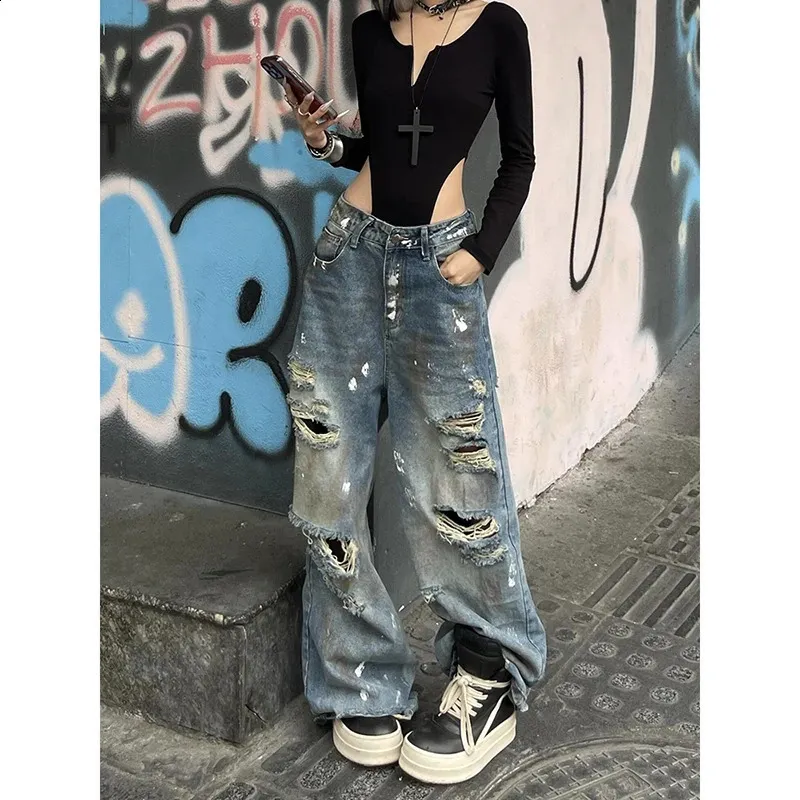 Blue Gothic Y2K Cargo Wide Leg Ripped Jeans For Women... From 