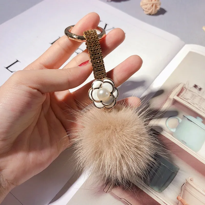 Rhinestone Camellia Keychain With Fluffy Mink Ball Bag Charm_voghion.com