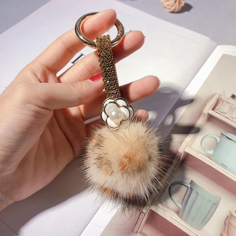 Rhinestone Camellia Keychain With Fluffy Mink Ball Bag Charm_voghion.com