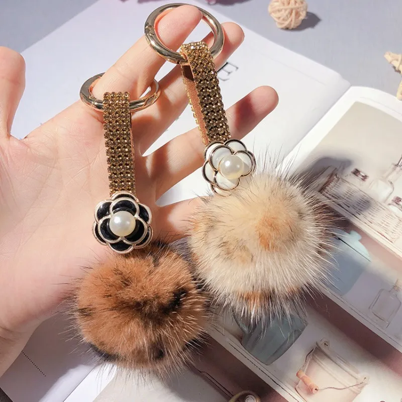 Rhinestone Camellia Keychain With Fluffy Mink Ball Bag Charm_voghion.com