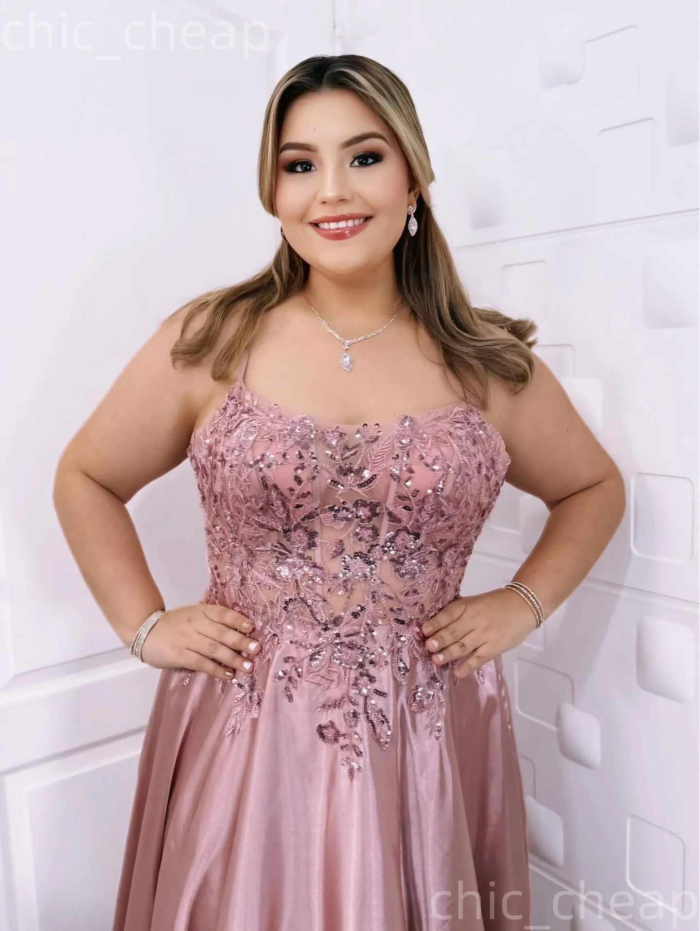 blush plus size formal dress pink satin mother of the bride with lace-up back and applique embellishments from Dhgate Mother's Dresses formal plus size hot pink dress